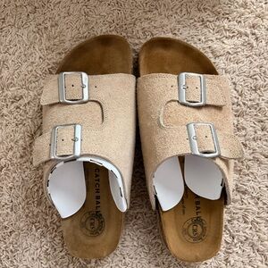 Men's Beige Suede Double-Buckle Slide Sandals